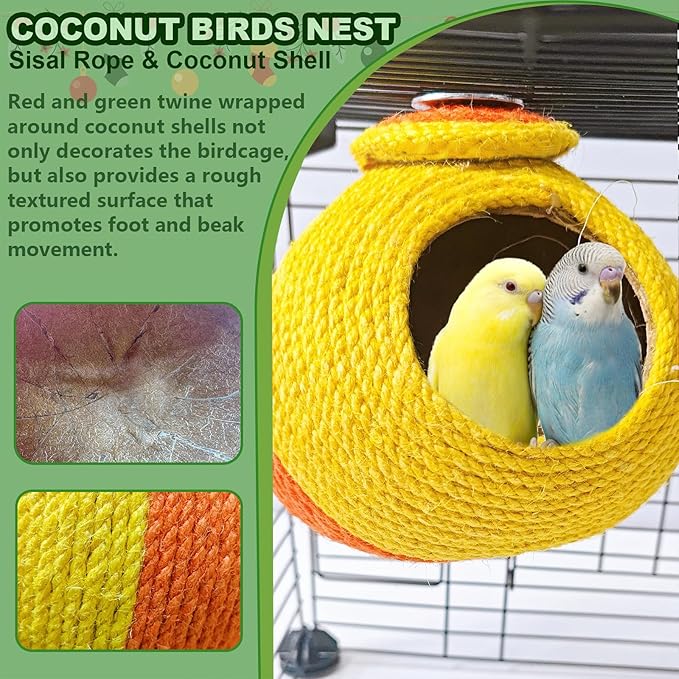 Bird Nest,Parrot Breeding House,Parakeet Natural Coconut Shell Hut,Hanging Budgie Nesting House with Coconut Fiber,Cockatiel Bed for Conure Lovebird Finch Birds,Orange&Yellow
