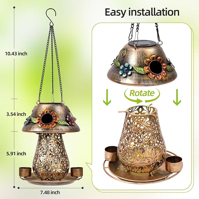 Mushroom Solar Bird Feeders for Outdoors Hanging Metal Wild Bird Feeder with S Hook for Garden Decoration Brown