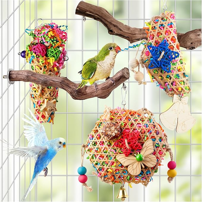 Bird Toys, Parakeet Foraging Toys, Hanging Chewing Toys with Natural Wooden Perches, Bird Cage Accessories, Suitable for Parakeets, Cockatiels, Budgies, Lovebirds & More