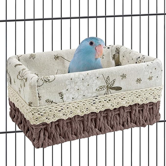 kathson Bird Nest Parrot House Birds Sleeping Bed Straw Weave All Season Hanging Hammock Bird Bed Snuggle Hut Birdcage Accessories for Parakeets Budgies Cockatiels Conures Quaker Parrot (Grey)