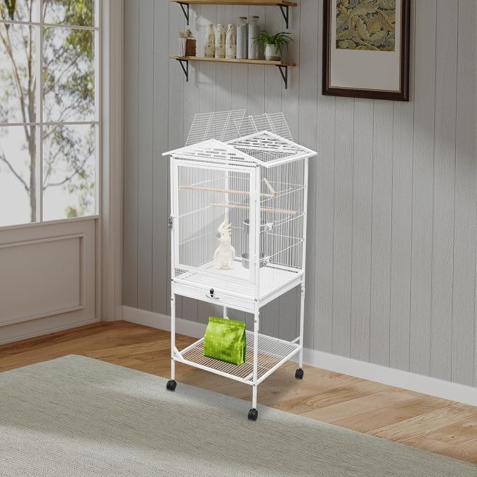 Large Bird Cage, Movable Pet Bird Flight Cage with Wheels(2 Brakes) Openable Top, Pull-Out Tray, Feeder Bowl, Panorama Bird Aviary 18x18x53.5in for Cockatiel Budgerigar Lovebird(White Style3)