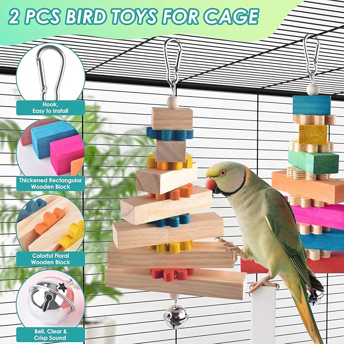 DBNESS 2 Pcs Bird Toys for Parrots, Colorful Natural Large Parrot Toy Hanging Chew Wood Block with Bell for Medium to Large Cockatiels, Eclectus, African Greys, Amazon, Cockatoo
