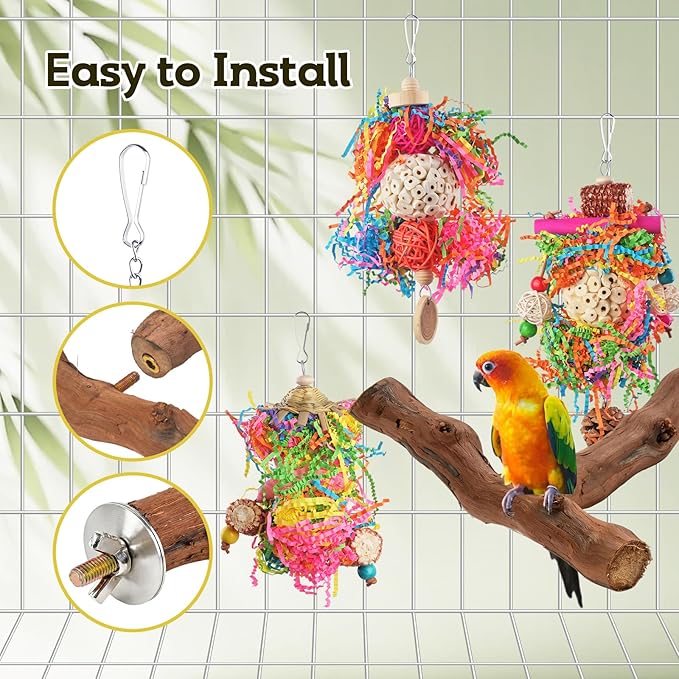 Bird Toys, Parakeet Foraging Toys, Hanging Chewing Toys with Natural Wooden Perches, Bird Cage Accessories, Suitable for Parakeets, Cockatiels, Budgies, Lovebirds & More
