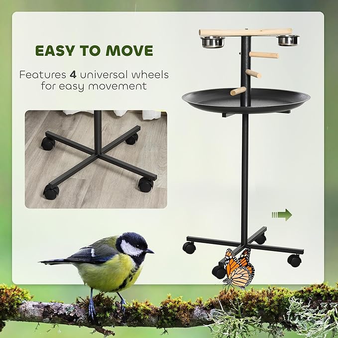 PawHut Bird Play Stand, Portable Parrot Perch, Bird Feeder Station, with Four Wheels, Stainless Steel Feeding Bowls, Round Tray, Grey