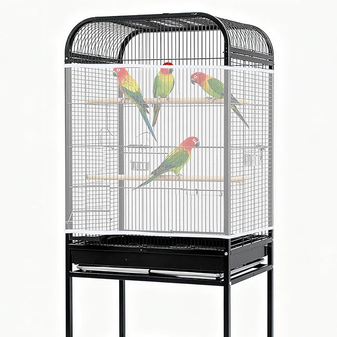 Fengek 2 Pack White Bird Cage Cover, Adjustable Bird Cage Seed Catcher, Parrot Nylon Mesh Net Cover with Elastic Band Fit Round, Square & Rectangular Cages for Cleanliness & Night Use (XXL)