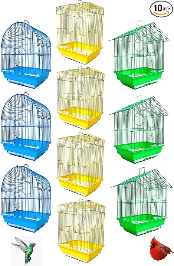 Lot of Ten Aviary Breeding Breeder Bird Cages for Lovebird Finch Parakeet - Mixed Colors (3 Blue Dome Top, 3 Green Roof Top, 4 Yellow Flat Top) - 11.5" W x 9" D x 15.5" H with 3/8" Bar Spacing