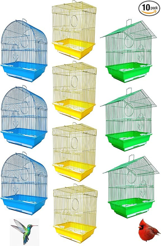 Lot of Ten Aviary Breeding Breeder Bird Cages for Lovebird Finch Parakeet - Mixed Colors (3 Blue Dome Top, 3 Green Roof Top, 4 Yellow Flat Top) - 11.5" W x 9" D x 15.5" H with 3/8" Bar Spacing