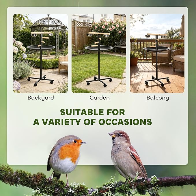 PawHut Bird Play Stand, Portable Parrot Perch, Bird Feeder Station, with Four Wheels, Stainless Steel Feeding Bowls, Round Tray, Grey