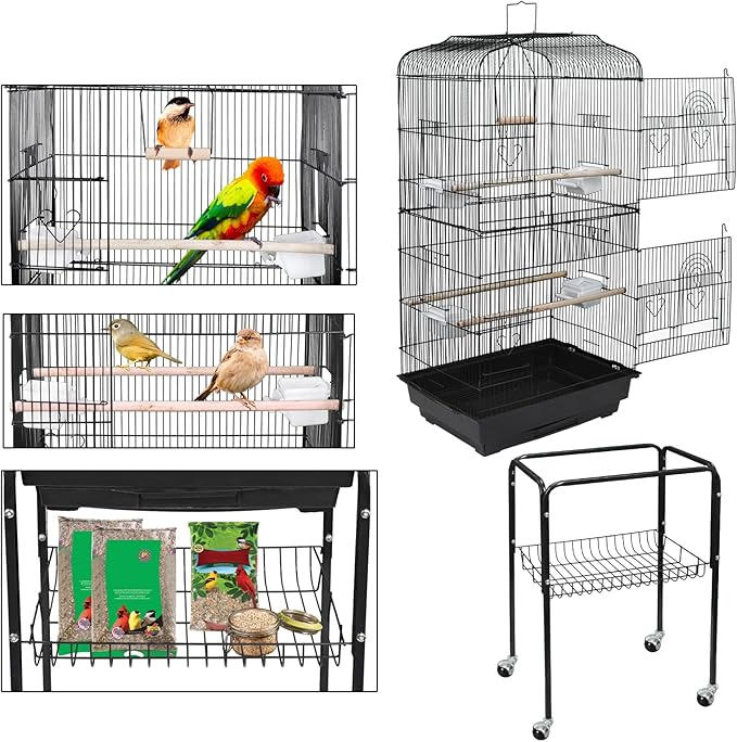 59.3-Inch Bird Cage, Wrought Iron Parrot Cage with Slide-Out Tray, Storage Shelf, Detachable Rolling Stand, Pet Bird House for Parrot Cockatiel Cockatoo Parakeet Macaw Finches
