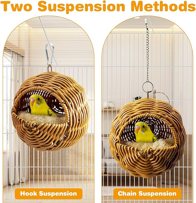 Rattan Birds Nest for Cage Hanging Parakeet House Chewproof Parrot Breeding Bed Small Budgies Hideout Swing Hut Bird Cage Accessories for Lovebirds Cockatiel Conure Finch Canary (Brown)