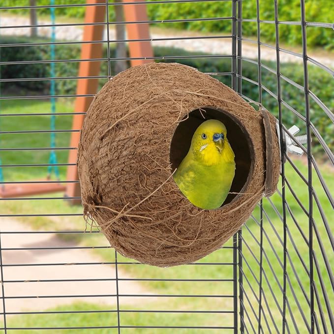 Hypeety Pet Bird Breeding Nest Coconut House Swing Ladder Toys Parrot Parakeets Finches Hamster House Natural Nest Lovebird Cage Hanging Swing Perch (C:Coco Cage Perch Toy)