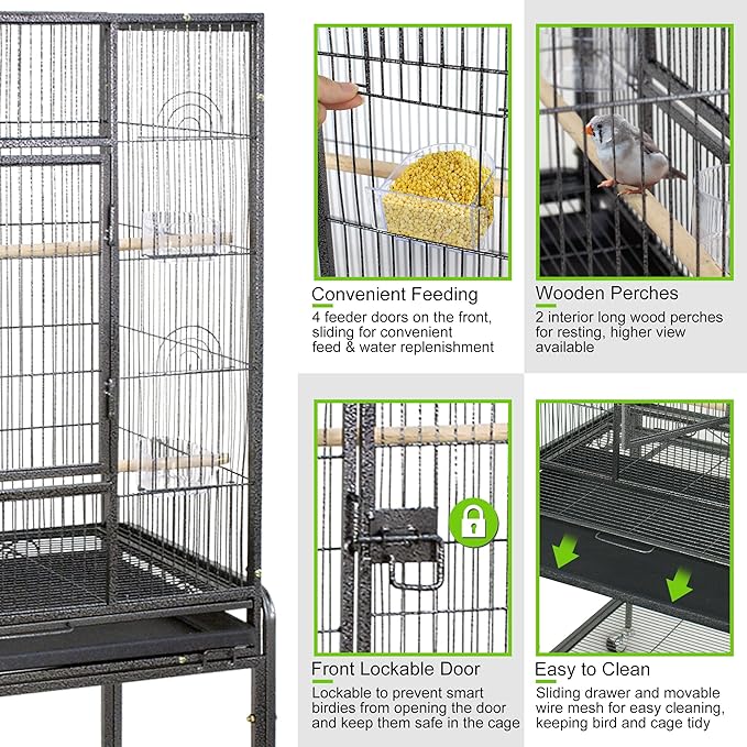 53-Inch Standing Wrought Iron Birdcage Large Parrot Flight Bird Cage with Rolling Stand Birdcages for Cockatiels African Grey Quaker Lovebird Canary Budgie Finch