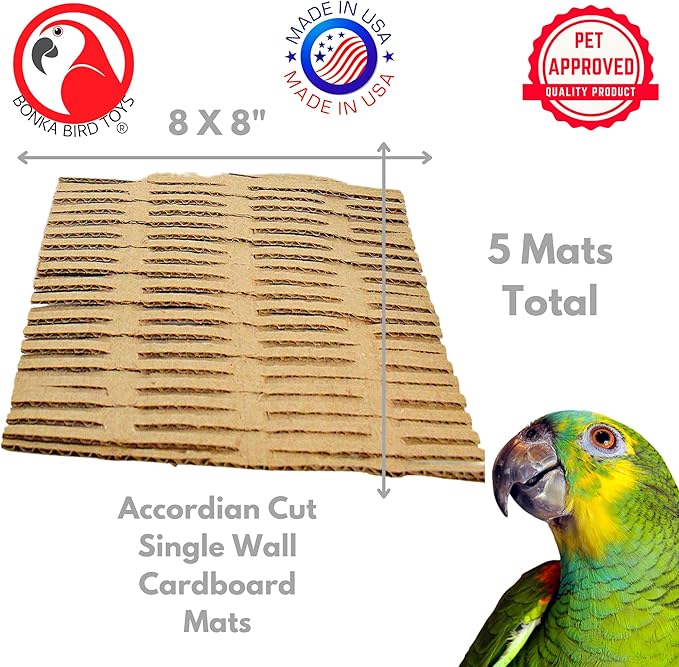 3455 Five 6" x 6" Cardboard Shred Mat Soft Cardboard Bird Toy for Extra Small Small Medium Large and Extra Large Birds Cage Chewing Shredding Foraging Enrichment