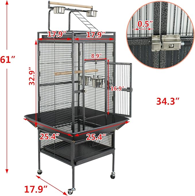 SUPER DEAL PRO 61-inch 2in1 Large Bird Cage with Rolling Stand Playtop Parrot Chinchilla Finch Cage Macaw Conure Cockatiel Cockatoo Pet House Wrought Iron Birdcage, Black