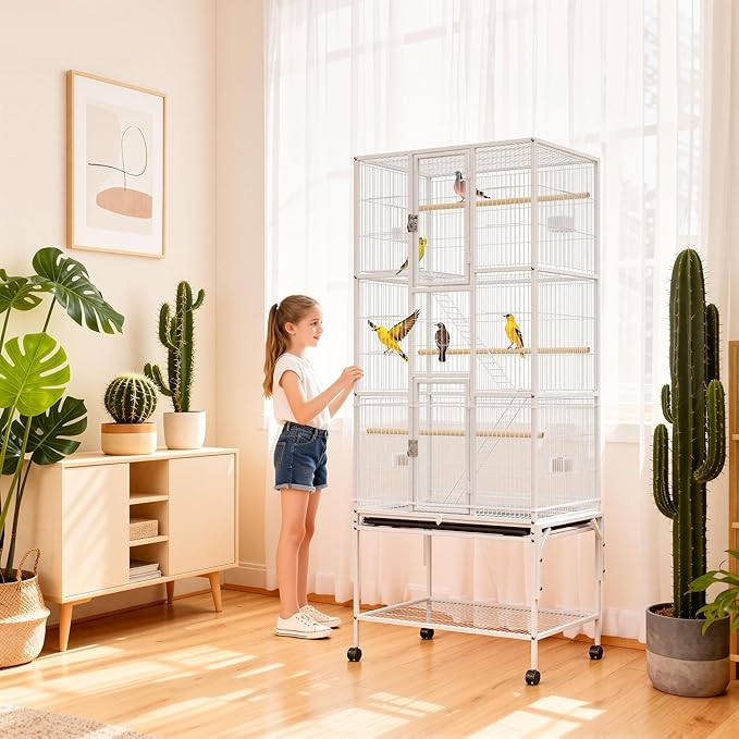 69 inches Bird Cage with Dust Cover, Birdcages with Rolling Wheels, Large Bird Cages for Cockatiels Quaker Conure Parakeet Lovebird Finch Canary Small Medium Parrot Cage Birdcage, White