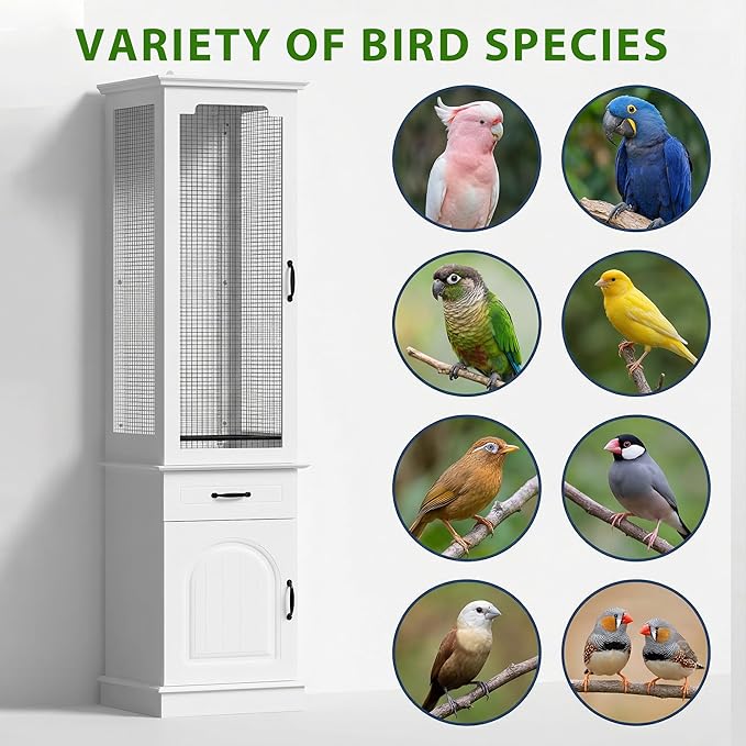 Modern White Tall Bird Cage with Storage Cabinet & Drawer, Elegant Flight Parrot Cage with Slide-Out Tray, Stylish Safe Bird Cages House for Parakeets, Cockatiels, Finches