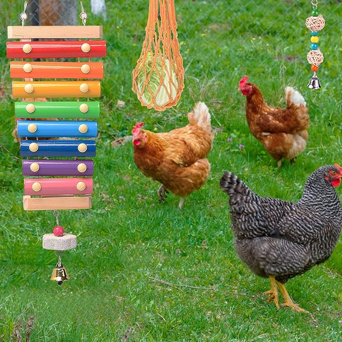 Chicken Toys for Coop 12PCS Set, KAKUNM Chicken Enrichment Toys，Including Xylophone, Swing Set, Mirror Toy, Flexible Ladder, Vegetable String Bag and Hanging Feeder, Coop Accessories for Hens