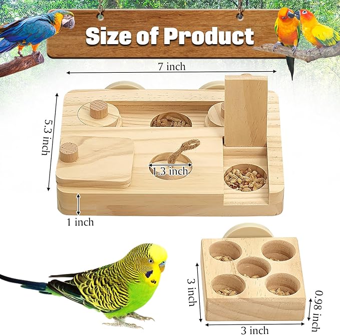 BNOSDM Wooden Bird Foraging Puzzle Toys for Parakeets, Interactive Parrot Enrichment Toys for Training & Chewing, Slow Feeder Cage Accessories for Cockatiels, Conures, Lovebirds and Other Small Birds