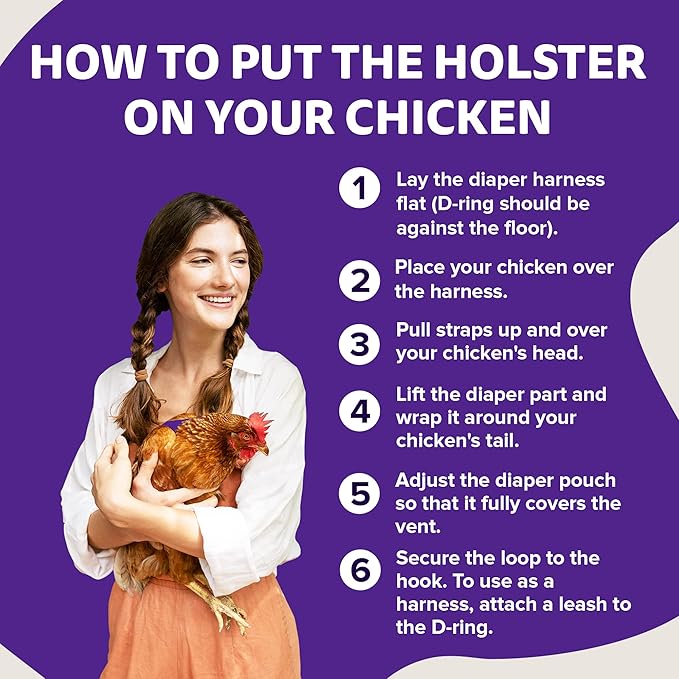 Hen Holster Premium Starter Kit - Bird Diaper, Wrap Around for Hens, Roosters, Ducks - Leak-Proof, Comfortable Bird Harness with Sewn-in Liner, Secure Hook & Loop Closure - XL, Purple