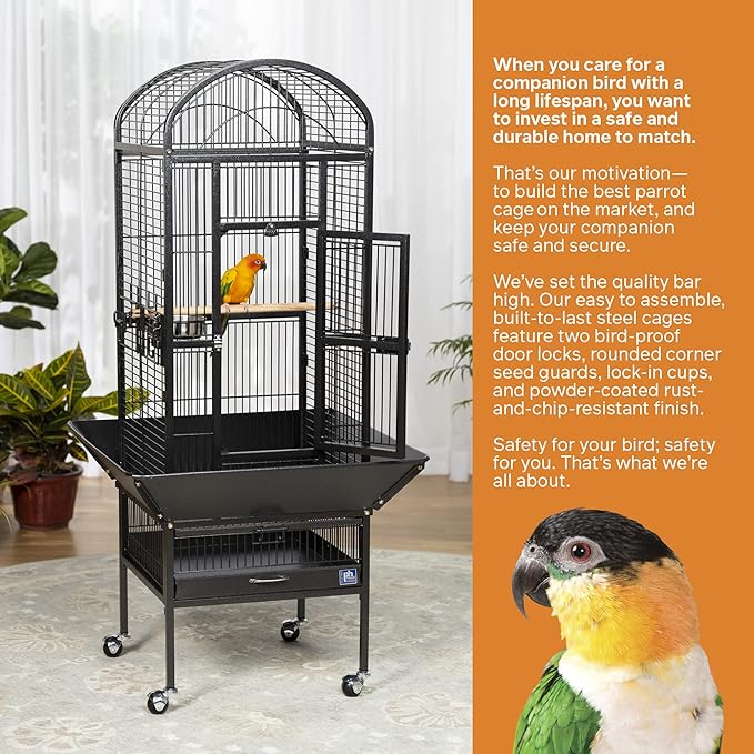 Prevue Pet Products Dome Top Bird Cage - Powder‑Coated Steel Cage with Wheels, Push Button Locks, Seed Guards and Perch, Ideal for Cockatiels, and All Small-Medium Sized Birds - Black Hammertone