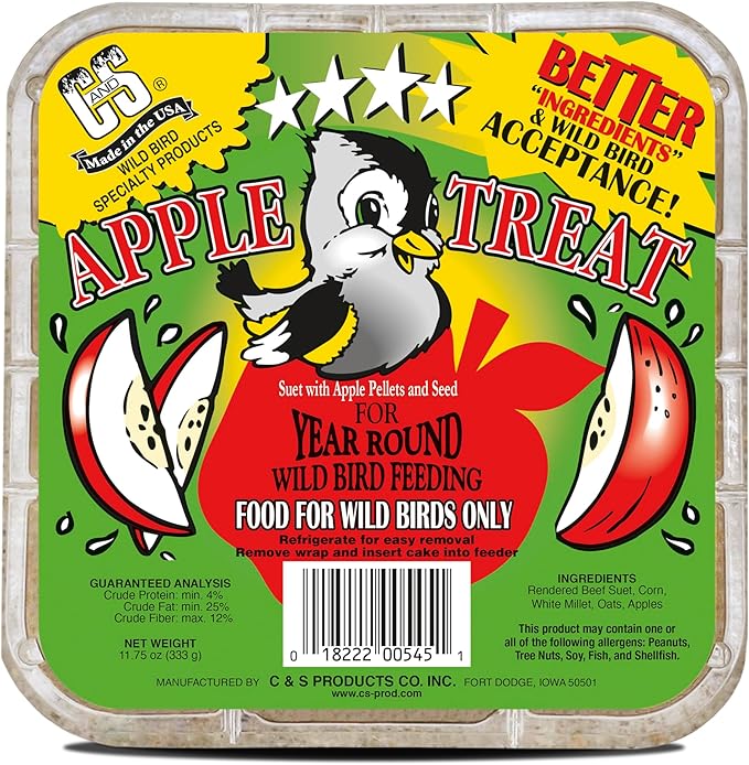 C&S Apple Suet Treat, Wild Bird Food for Fruit-Loving Bluebirds, Thrashers, Tanagers, Wrens and Robins, 11.75 Ounces, Pack of 8