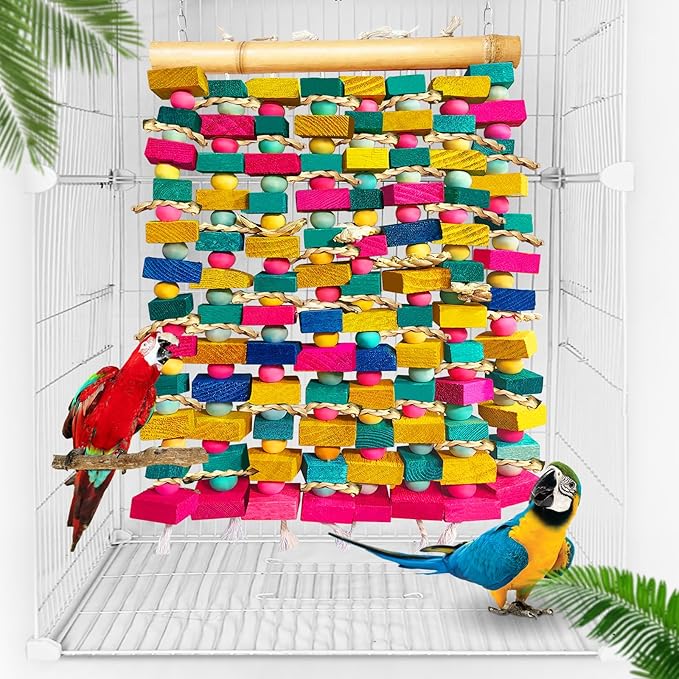 Extra Large Bird Toys for Macaws, Multicolored Wooden Blocks Bird Chewing Toy Parrot Cage Bite Toy for Macaws Cokatoos African Grey and Large Medium Parrot Birds
