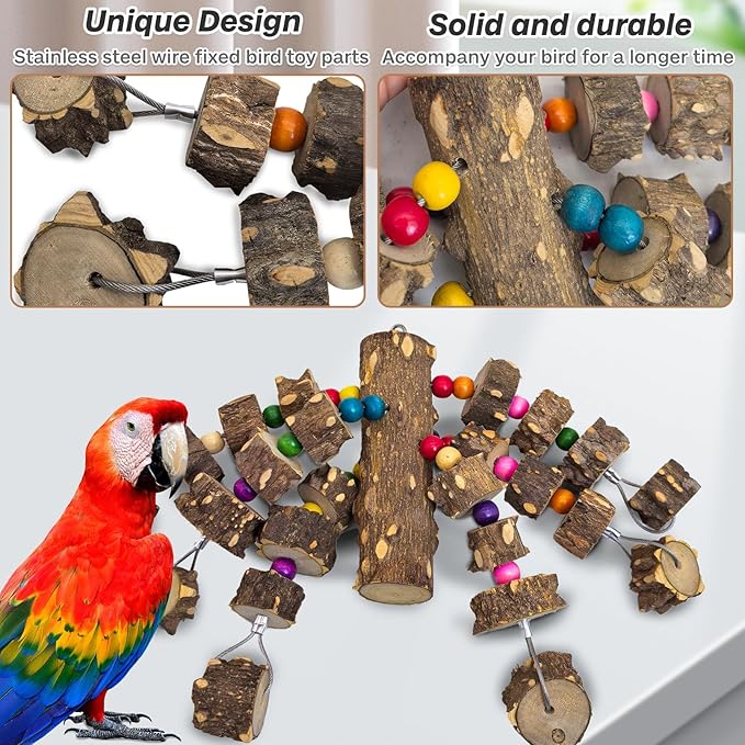 PINVNBY Wood Parrot Toys for Birds, Wire Link Durable Macaw Toys Large Natural Wooden Blocks Chew Toy for Small and Middle Parrots African Grey Macaws Cockatiels Eclectus