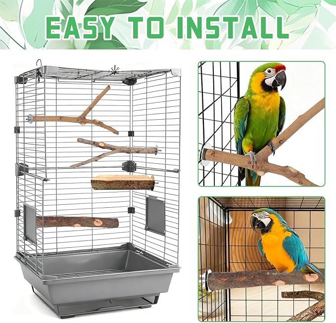 4-Pack Natural Wood Bird Perch Stand with Spacious Platform, Thick & Long Branches, Large Parrot Cage Accessories for African Grey, Macaws, Conures, Eclectus (Medium & Large Birds)