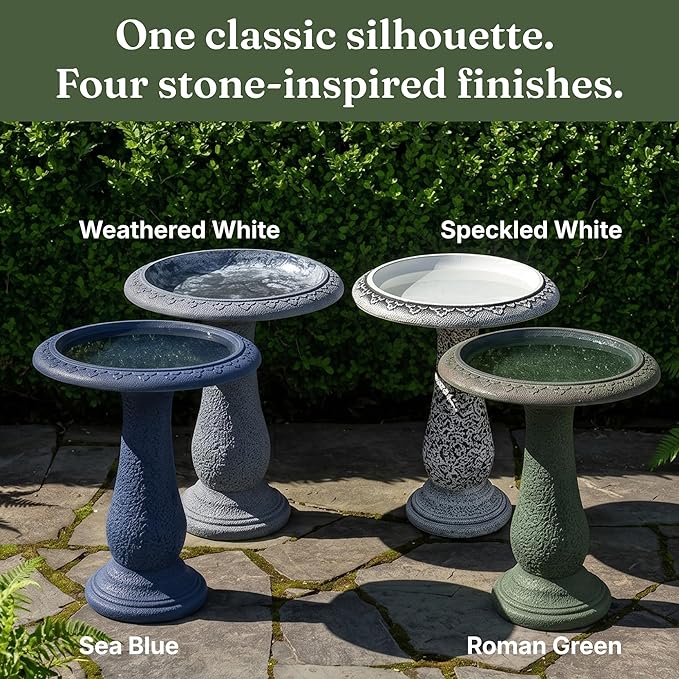 Tall Bird Bath for Outside 23 Inch Roman Green - Stone-Resin Composite Pedestal Birdbath Bowl - Decorative Standing Outdoor Garden Decor for Front Porch Patio Yard Backyard Lawn Ornament