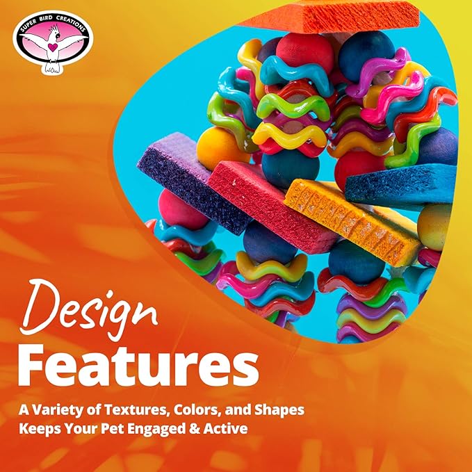 Super Bird Creations SB736 Wiggles and Wafers Bird Toy - Interactive Enrichment for Parrots, Quakers, Caiques, Pionus, Senegals - Wooden, Acrylic Beads, Pacifiers - Medium Bird Size, 3” x 5” x 9”
