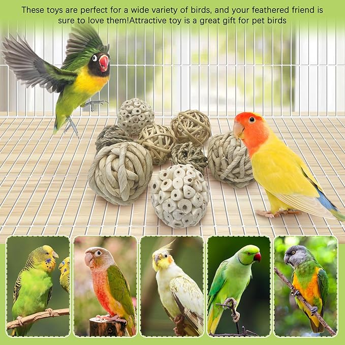 BNOSDM 8PCS Sola Balls Shred Toy Natural Bird Chew Toys Lightweight Conure Foot Toy Interactive Parrot Foraging Toys Bird Chew Balls with Hemp Rope Hook for Budgies Cockatiels Parakeets Senegal