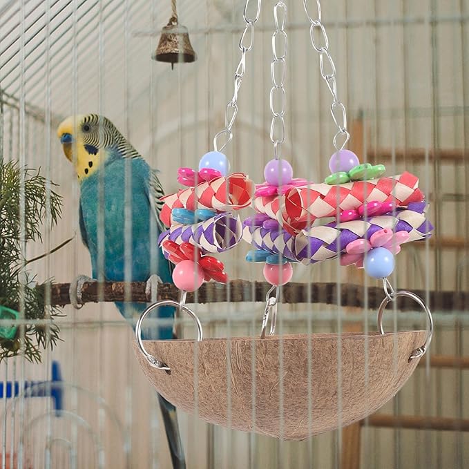 Bird Hammock Coconut Shell Hamster Nest Parrot Cage with Chain Charm and Fake Flower for Pet Hanging Bed (5x11”)