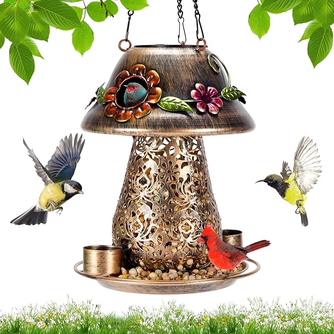 Mushroom Solar Bird Feeders for Outdoors Hanging Metal Wild Bird Feeder with S Hook for Garden Decoration Brown