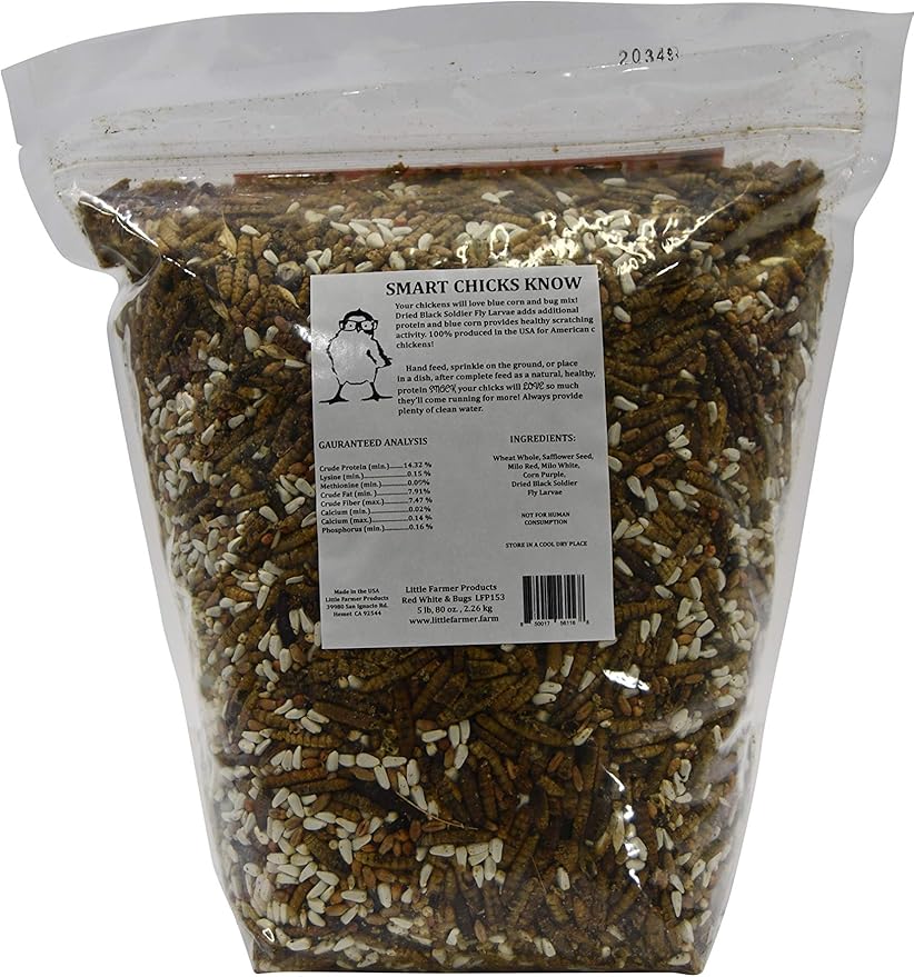 Red White and Bugs! Premium Non-GMO Black Soldier Fly Grubs, Blue Corn, Safflower Mix, Poultry Treat, USA Grown (5LB)