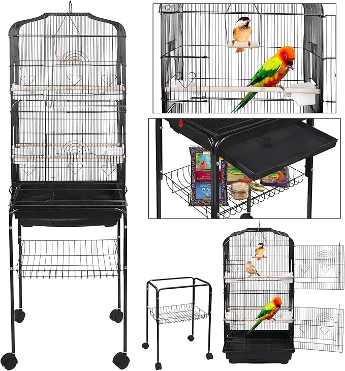 SUPER DEAL 59.3 Rolling Bird Cage Large Wrought Iron Cage for Cockatiel Sun Conure Parakeet Finch Budgie Lovebird Canary Medium Pet House with Rolling Stand & Storage Shelf