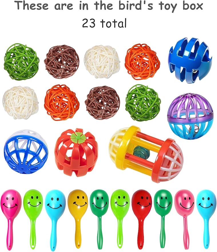 23-Pack Bird Toys for Parrots – Natural Rattan & Plastic Bell Balls – Safe, Fun Cage Decor & Foot Exercise (1.6'' - 2.8'')