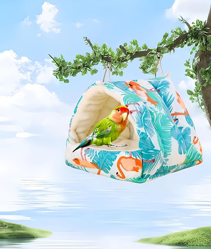 Bird Nest Plush Snuggle Hanging Hammock Bird Cave Parrot Sleeping Bed Shed Hut Hanging Tent for Hamster Parrot Macaw Budgies Parakeet Cockatiels Lovebird-Flamingo (White)