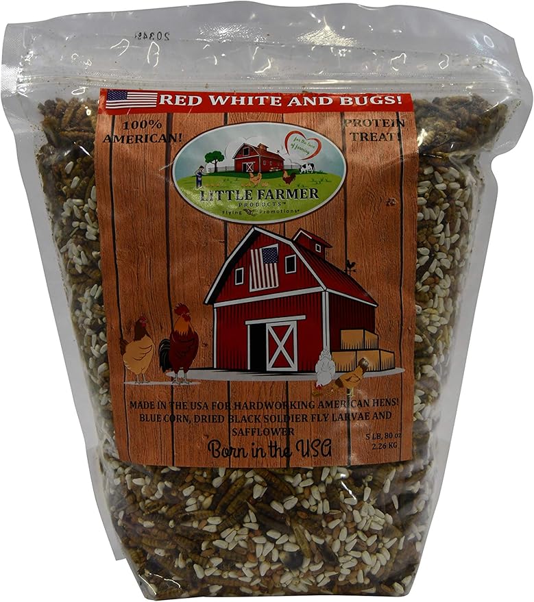 Red White and Bugs! Premium Non-GMO Black Soldier Fly Grubs, Blue Corn, Safflower Mix, Poultry Treat, USA Grown (5LB)