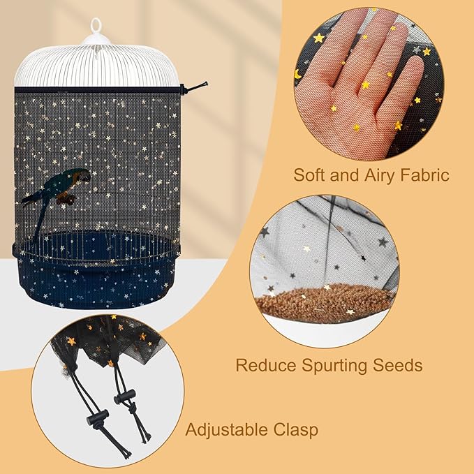 Bird Cage Seed Catcher, 45-90'' Adjustable Bird Cage Cover, Universal Nylon Bird Cage Mesh Net, Bird Cage Skirt Guard Accessories for Parrot Parakeet Macaw Round Square Cage (Black)