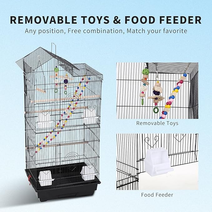 HCY 39 Inches Bird Cage Roof Top Large Flight Parrot Bird Cage with Toys for Medium Small Birds,Lovebirds,Finch,Cockatiel Parakeets,Parrot, Iron Bird Cage