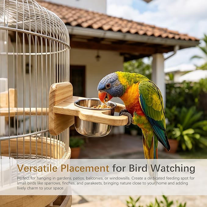 Bird Feeding Cup with Platform, Hanging Stainless Steel Parrot Feeding Bowl, Wooden Perch Stand, Bird Cage Food and Water Feeder for Parakeets, Cockatiels and Lovebirds