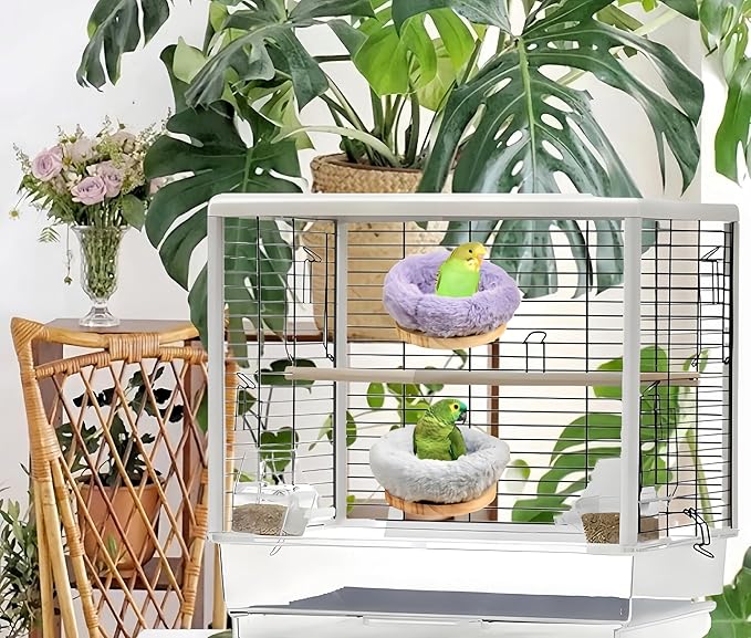 2Pcs Bird Perch Stand Platform Plush Parrot Hanging Hammock Warm Bird Nest Snuggle Hut Birds Sleeping Bed Wood Perch for Parrot, Budgies, Parakeet, Cockatiels, Conure, Lovebirds-Purple&Grey