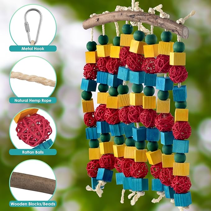 DBNESS Large Parrot Toys, 17.7 inch Multicolored Natural Wooden Blocks Beads Rattan Balls, Bird Chew and Hanging Tearing Toys for Large Medium Birds Macaws African Grey Cockatoos Amazon Parrots