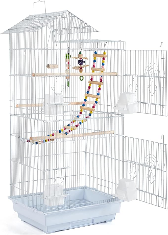Topeakmart 39inch Height Roof Top Bird Cage Medium Metal Parakeet Cage with Swing & Ladder, White
