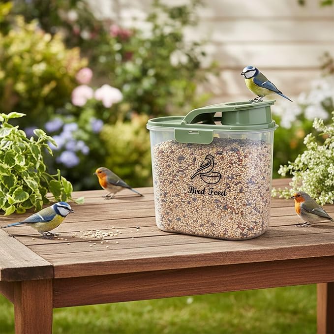 2.1 Qt/2 L Bird Seed Storage Container with Flip Lid & Pour Spout, 2 Pcs Airtight Bird Food Container with Scale for Sunflower Seeds, Portable Travel Kibble Storage Dispenser for Small Animal