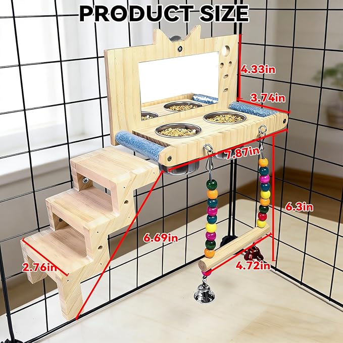 kathson Bird Perches Cage Toys with Bird Climbing Ladder Swing Mirror,Wooden Parrot Perches Platform with Feeding Cups,Parakeet Play Gyms Exercise Stands Cage Accessories for Lovebird,Budgie,Cockatiel