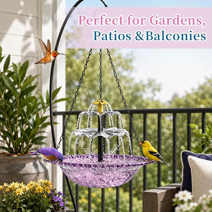 Solar Cascade Hanging Bird Bath Fountain, Large Plastic Bowl with Suspension Chain for Outside Garden, Patio & Yard Decor (Purple)