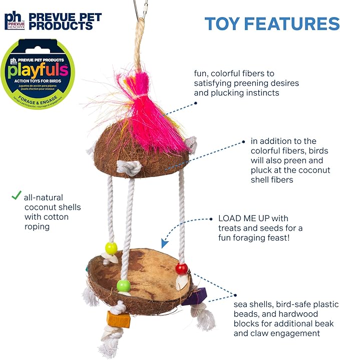 Prevue Pet Products Tropical Teasers Tiki Hut Bird Toy for Parrots, Conures, Cockatiels, Budgies, and Small to Medium Birds, Cage Accessories for Chewing, Climbing, and Beak Exercise