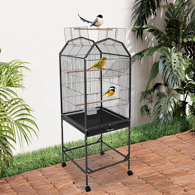 Large Bird Cage, Movable Pet Bird Flight Cages with Wheels Openable Roof Slide-Out Tray, Panorama Bird Aviary 18.11 * 18.11 * 53.54in for Parrots Sparrows Budgerigars(Black Style2)