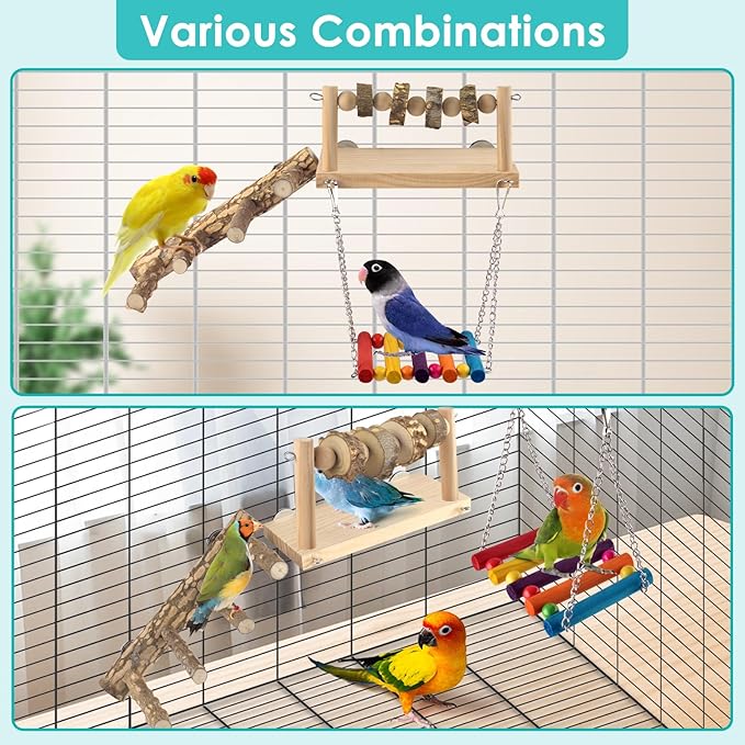 DBNESS 4 Pcs Bird Perch with Swing, Parrot Perches Platform with Chew Blocks, Natural Climbing Ladder Bridge Colorful Hammock for Budgies, Cockatiels, Lovebirds, Finches